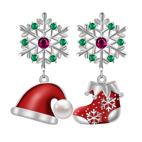 Schneeflocke Weihnachten Ohrringe für Damen - Qings 925 Sterling Silber Weihnachtsmann Weihnachtsmütze Baumeln Tropfen Ohrstecker mit Rot-Grüner Zirkonia Schmuck Weihnachts Geschenke für Mädchen von Qings