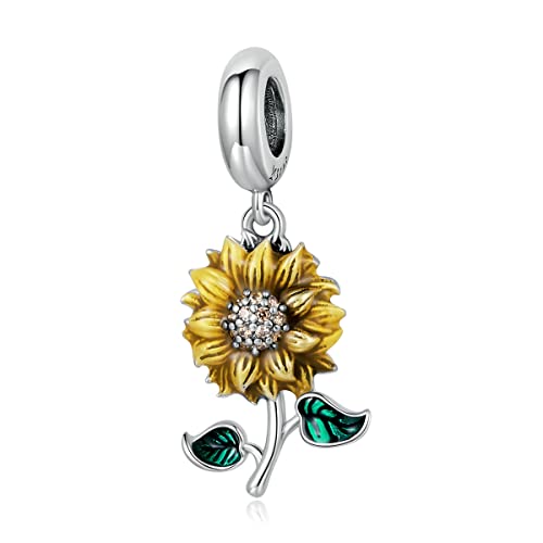 Qings Sonnenblume Charm Anhänger 925 Sterling Silber Sonnen Baumeln Anhänger Perle für Armband Halskette Armreif von Qings