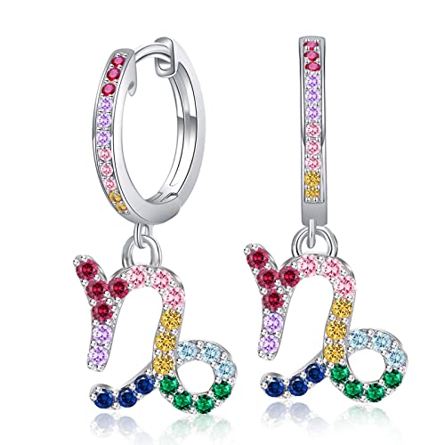 Steinbock Sternzeichen Ohrringe mit Bunt Zrkonia - Qings Damen Mädchen Creolen 925 Sterling Silber Klein Horoskop Anhänger Hängend Hoops Ohrringe 12 Konstellation Sternbild Astrologie Schmuck Geschenk von Qings