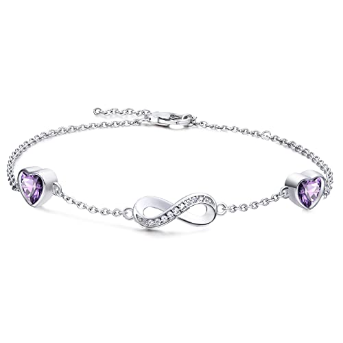 Qings Sterling Silber Infinity Armband Damen Unendlichkeit Liebes Herz Armbänder mit Lila Amethyst Zirkonia Kristallen Verstellbar Armkette Muttertag Weihnachten Geschenk für Mama Mädchen Frauen von Qings
