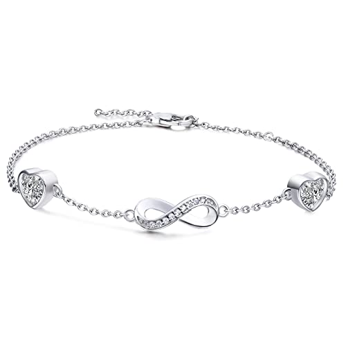 Qings Sterling Silber Infinity Armband Damen Unendlichkeit Liebes Herz Armbänder mit Moissanit Weiß Zirkonia Kristallen Verstellbar Armkette Muttertag Weihnachten Geschenk für Mama Mädchen Frauen von Qings
