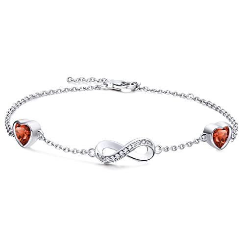 Qings Sterling Silber Infinity Armband Damen Unendlichkeit Liebes Herz Armbänder mit Roter Granat Zirkonia Kristallen Verstellbar Armkette Muttertag Weihnachten Geschenk für Mama Mädchen Frauen von Qings