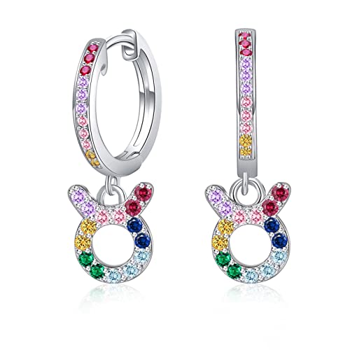 Stier Sternzeichen Ohrringe mit Bunt Zrkonia - Qings Damen Mädchen Creolen 925 Sterling Silber Klein Horoskop Anhänger Hängend Hoops Ohrringes 12 Konstellation Sternbild Astrologie Schmuck Geschenk von Qings