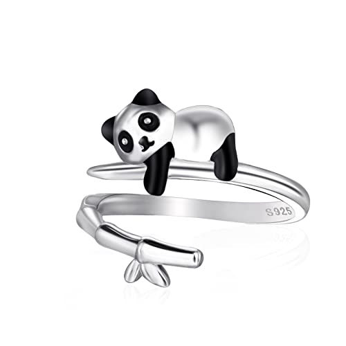 Qings Verstellbarer Panda Ring Sterling Silber Schwarzer Offener Pandabaer Bär Tier Ring Süß Tierschmuck Panda Geschenk Weihnachten für Mädchen Damen von Qings