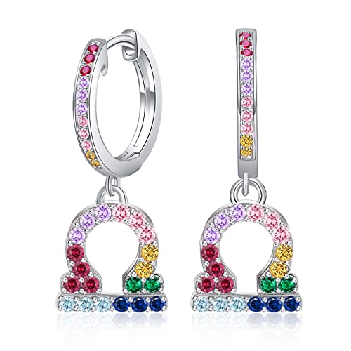 Waage Sternzeichen Ohrringe mit Bunt Zrkonia - Qings Damen Mädchen Creolen 925 Sterling Silber Klein Horoskop Anhänger Hängend Hoops Ohrringes 12 Konstellation Sternbild Astrologie Schmuck Geschenk von Qings