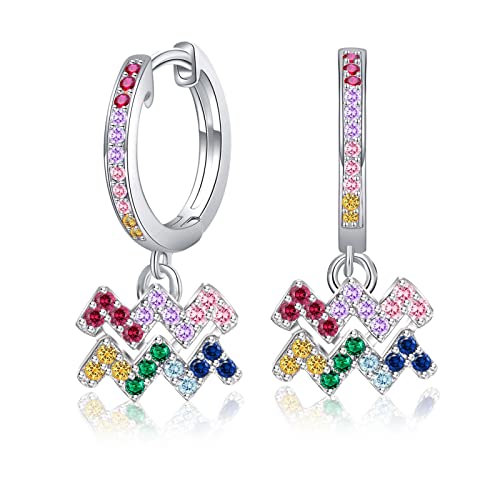 Wassermann Sternzeichen Ohrringe mit Bunt Zrkonia - Qings Damen Mädchen Creolen 925 Sterling Silber Klein Horoskop Anhänger Hängend Hoop Ohrringe 12 Konstellation Sternbild Astrologie Schmuck Geschenk von Qings