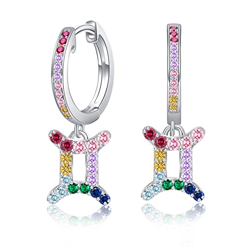 Zwillinge Sternzeichen Ohrringe mit Bunt Zrkonia - Qings Damen Mädchen Creolen 925 Sterling Silber Klein Horoskop Anhänger Hängend Hoops Ohrringe 12 Konstellation Sternbild Astrologie Schmuck Geschenk von Qings