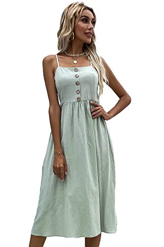 Qingta Sommerkleid Damen Knielang Ärmellos Sexy Kleid Damen Elegant Baumwolle Leinen Einfarbig Trägerkleid Strandkleid Tunikakleid Partykleid Freizeitkleid Rückenfrei Knopfkleid Kleider von Qingta