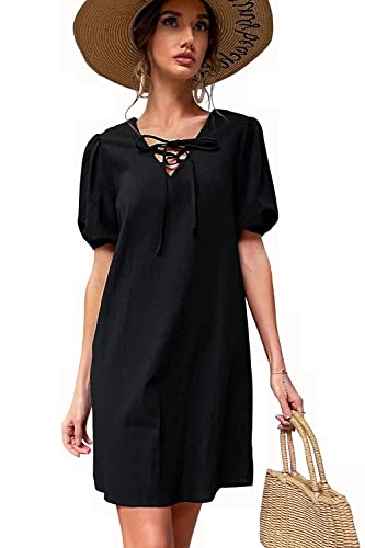 Sommerkleid Damen Kurz V-Ausschnitt Lose Casual A Linie Schwarzes Kleid Damen Gespleißte Krawatte Baumwolle Leinen Strandkleid Partykleid Freizeitkleid Kleider Dress von Qingta