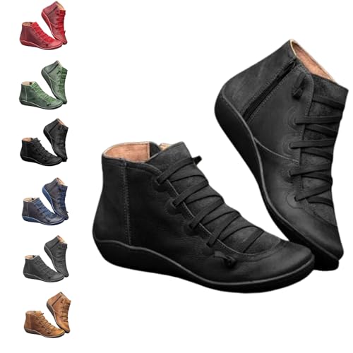 QingxingFa Lässige kurze Stiefeletten für Damen im Vintage-Stil, modische Retro-Lederstiefeletten ohne Absatz, Schnürstiefeletten mit seitlichem Reißverschluss, flache Stiefeletten (black,35) von QingxingFa