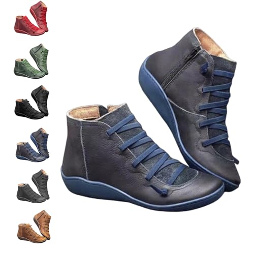 QingxingFa Lässige kurze Stiefeletten für Damen im Vintage-Stil, modische Retro-Lederstiefeletten ohne Absatz, Schnürstiefeletten mit seitlichem Reißverschluss, flache Stiefeletten (blue,43) von QingxingFa