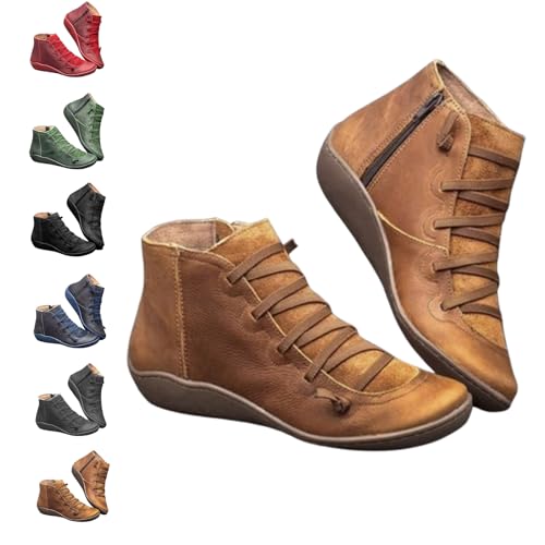 QingxingFa Lässige kurze Stiefeletten für Damen im Vintage-Stil, modische Retro-Lederstiefeletten ohne Absatz, Schnürstiefeletten mit seitlichem Reißverschluss, flache Stiefeletten (brown,39) von QingxingFa