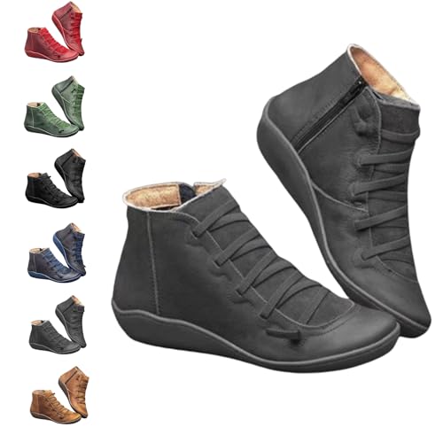 QingxingFa Lässige kurze Stiefeletten für Damen im Vintage-Stil, modische Retro-Lederstiefeletten ohne Absatz, Schnürstiefeletten mit seitlichem Reißverschluss, flache Stiefeletten (grey,42) von QingxingFa
