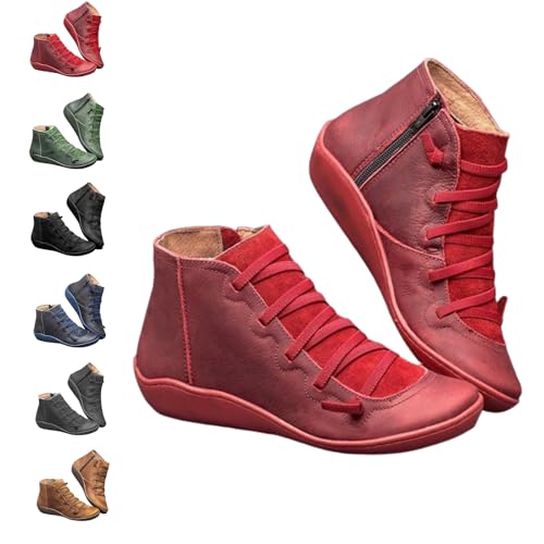 QingxingFa Lässige kurze Stiefeletten für Damen im Vintage-Stil, modische Retro-Lederstiefeletten ohne Absatz, Schnürstiefeletten mit seitlichem Reißverschluss, flache Stiefeletten (red,38) von QingxingFa