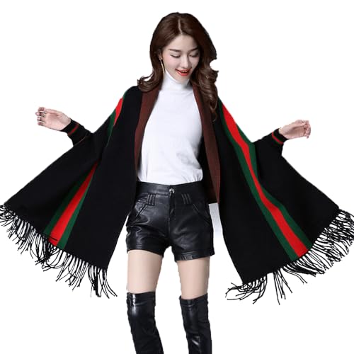 Qingzhuan Schal für Damen, Strickwaren Poncho Mantel mit Ärmeln Warm & weich Schal Cape mit Quaste Herbst Winter für junge Frauen - Schwarz von Qingzhuan