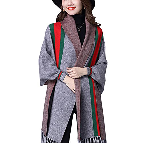 Qingzhuan Schal für Damen, Strickwaren Poncho Mantel mit Ärmeln Warm & weich Schal Cape mit Quaste Herbst Winter für junge Frauen - Grau von Qingzhuan