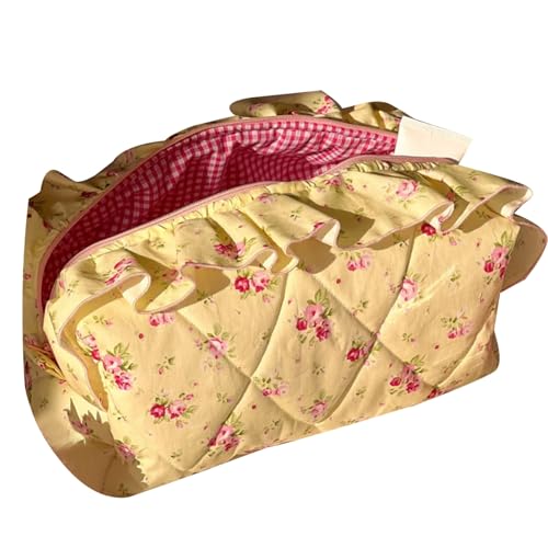 Qinlenyan Reise-Kulturbeutel, tragbar, aus Baumwolle, gesteppt, Blumendruck, Kosmetiktasche mit Reißverschluss, großes Fassungsvermögen, leichter Organizer, gelb von Qinlenyan