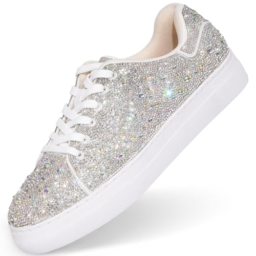 Qinpos Strass-Sneaker für Damen, glitzernde Tennisschuhe, Plateau-Bling, Silber, modisch, glitzernde Pailletten, Schuhe für Hochzeit, Party, Brautkleid, weiß/silberfarben, 22 EU von Qinpos