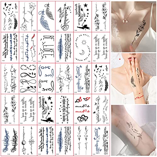 30 Blätter Temporäre Tattoos für Frauen Männer, Diverse Muster Tattoos Temporär Tätowierung Wasserdicht Körperkunst Aufkleber Arm Tattoos Sticker Farbe R von Qinuan