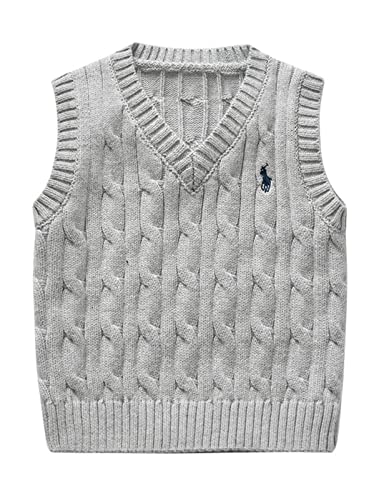 Kinder V-Ausschnitt Strickweste Jungen Mädchen Ärmellos Pullover Gestrickte Pullunder Oberteile Strickpullover Weste Grau 110 von Qinuan