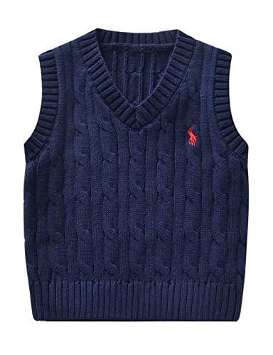 Kinder V-Ausschnitt Strickweste Jungen Mädchen Ärmellos Pullover Gestrickte Pullunder Oberteile Strickpullover Weste Marine 100 von Qinuan