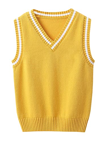 Kinder V-Ausschnitt Strickweste Jungen Mädchen Ärmellos Strickpullover Gestrickte Sweater Oberteile Pullunder Weste Gelb 160 von Qinuan