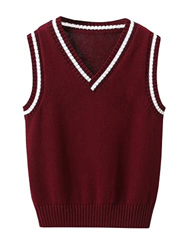 Kinder V-Ausschnitt Strickweste Jungen Mädchen Ärmellos Strickpullover Gestrickte Sweater Oberteile Pullunder Weste Weinrot 170 von Qinuan