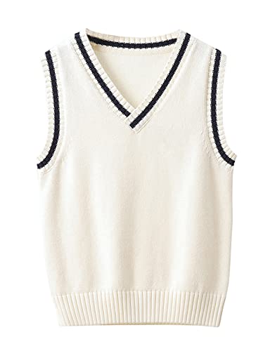 Kinder V-Ausschnitt Strickweste Jungen Mädchen Ärmellos Strickpullover Gestrickte Sweater Oberteile Pullunder Weste Weiß 130 von Qinuan