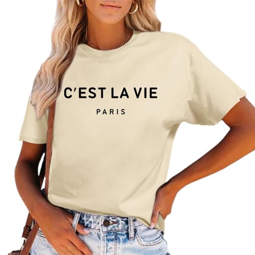 Qiqilyly Damen T Shirt C'est La Vie Tshirt Paris Shirts Grafik Baumwolle Oversize Lockere Vintage Bedruckt Shirt Sommer Rundhals Kurzarm LäSsige Tops(Aprikose,2XL) von Qiqilyly