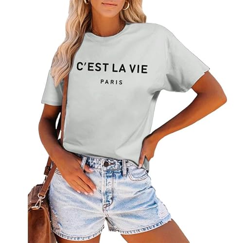 Qiqilyly Damen T Shirt C'est La Vie Tshirt Paris Shirts Grafik Baumwolle Oversize Lockere Vintage Bedruckt Shirt Sommer Rundhals Kurzarm LäSsige Tops(Hellgrau,M) von Qiqilyly