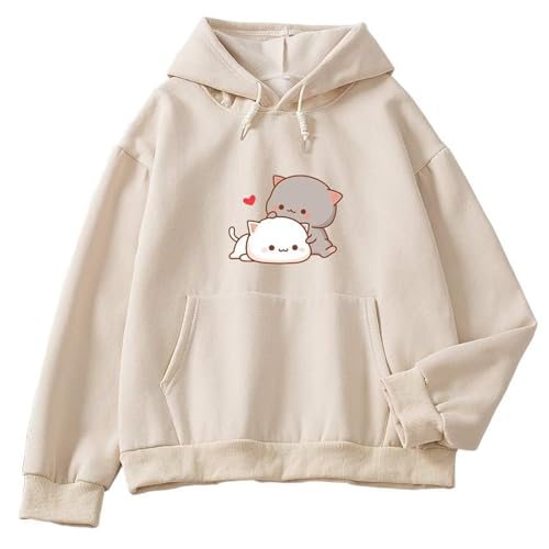 Qiqilyly Kawaii Katzen Anime Kapuzenpullover füR Damen Kuschel Warmer Hoodie Mit Print füR Teenager MäDchen Aesthetic Niedlicher Pullover Oberteile Cute Winter Clothes(Apricot,L) von Qiqilyly