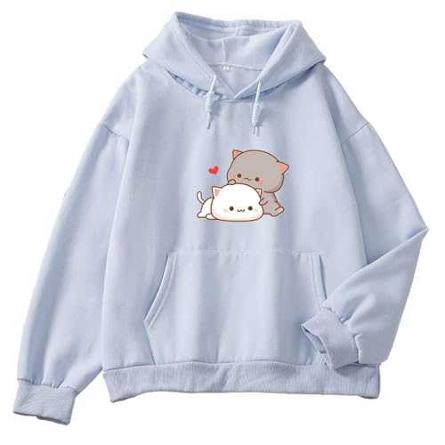 Qiqilyly Kawaii Katzen Anime Kapuzenpullover füR Damen Kuschel Warmer Hoodie Mit Print füR Teenager MäDchen Aesthetic Niedlicher Pullover Oberteile Cute Winter Clothes(Blue,L) von Qiqilyly
