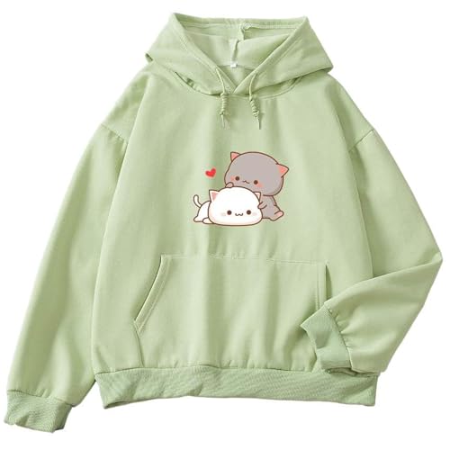 Qiqilyly Kawaii Katzen Anime Kapuzenpullover füR Damen Kuschel Warmer Hoodie Mit Print füR Teenager MäDchen Aesthetic Niedlicher Pullover Oberteile Cute Winter Clothes(Green,L) von Qiqilyly