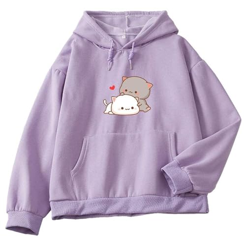 Qiqilyly Kawaii Katzen Anime Kapuzenpullover füR Damen Kuschel Warmer Hoodie Mit Print füR Teenager MäDchen Aesthetic Niedlicher Pullover Oberteile Cute Winter Clothes(Purple,XL) von Qiqilyly