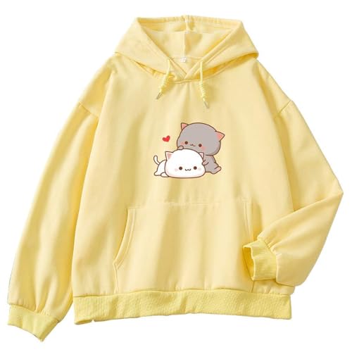 Qiqilyly Kawaii Katzen Anime Kapuzenpullover füR Damen Kuschel Warmer Hoodie Mit Print füR Teenager MäDchen Aesthetic Niedlicher Pullover Oberteile Cute Winter Clothes(Yellow,S) von Qiqilyly
