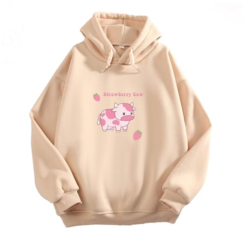 Qiqilyly Kawaii Strawberry Cow Hoodie for Teenager MäDchen Cute Erdbeere Kuh Cartoon Print Kapuzenpullover Hoody Damen mit Kapuze Pullover Frauen Clothes(Aprikose,S) von Qiqilyly
