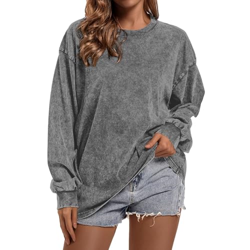 Qiqilyly Oversize Basic Sweatshirt Langarmshirts füR Damen Oversized Longsleeve Pullover Damen Rundhals Acid Wash Baumwolle Locker Oberteile(Grau,XL) von Qiqilyly