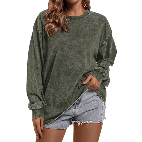Qiqilyly Oversize Basic Sweatshirt Langarmshirts füR Damen Oversized Longsleeve Pullover Damen Rundhals Acid Wash Baumwolle Locker Oberteile(Grün,2XL) von Qiqilyly