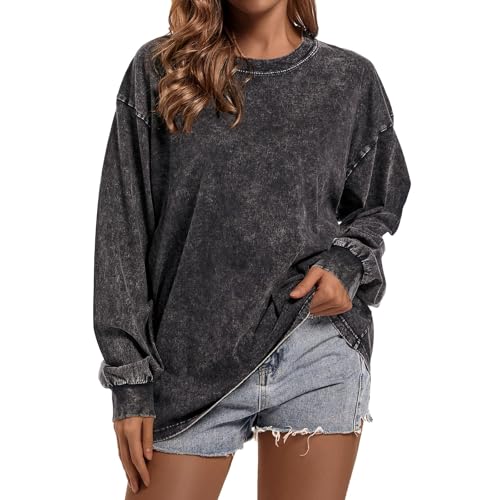 Qiqilyly Oversize Basic Sweatshirt Langarmshirts füR Damen Oversized Longsleeve Pullover Damen Rundhals Acid Wash Baumwolle Locker Oberteile(Schwarz,2XL) von Qiqilyly