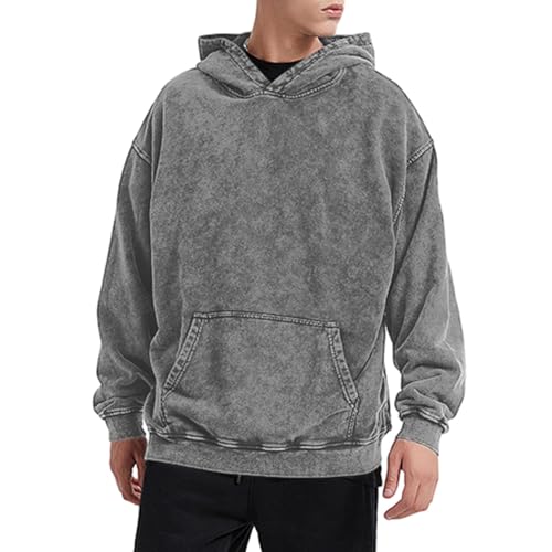 Qiqilyly Oversized Basic Hoodie Herren MäNner Vintage Acid Wash Kapuzenpullover Solid Pullover Baumwolle Streetwear Hoodie Hoody Herren Mit Kapuze(Grau,2XL) von Qiqilyly