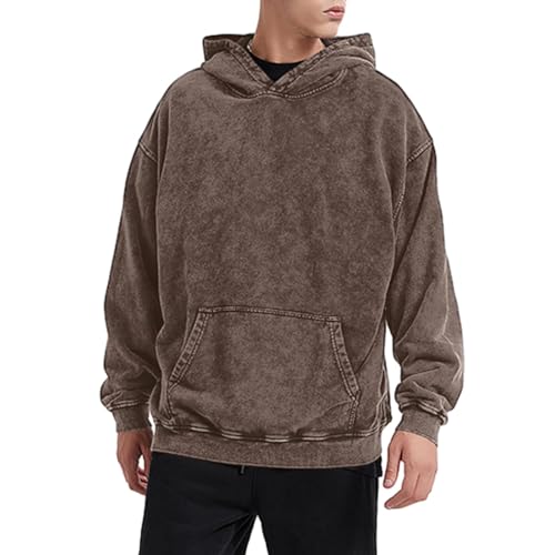 Qiqilyly Oversized Basic Hoodie Herren MäNner Vintage Acid Wash Kapuzenpullover Solid Pullover Baumwolle Streetwear Hoodie Hoody Herren Mit Kapuze(Kaffee,2XL) von Qiqilyly