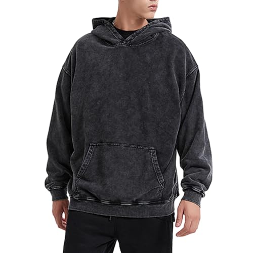 Qiqilyly Oversized Basic Hoodie Herren MäNner Vintage Acid Wash Kapuzenpullover Solid Pullover Baumwolle Streetwear Hoodie Hoody Herren Mit Kapuze(Schwarz,2XL) von Qiqilyly