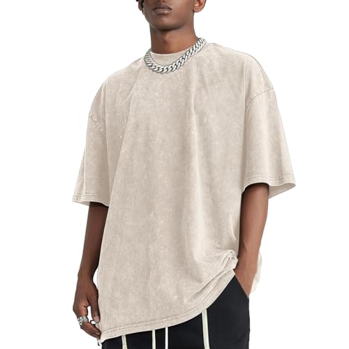 Qiqilyly Oversized Heavy Basic Tshirt Herren Retro Baumwolle Shirts MäNner Vintage Oversize Hip Hop Lockere T-Shirt Sommer Kurzarm Baggy Tops(Apricot,M) von Qiqilyly