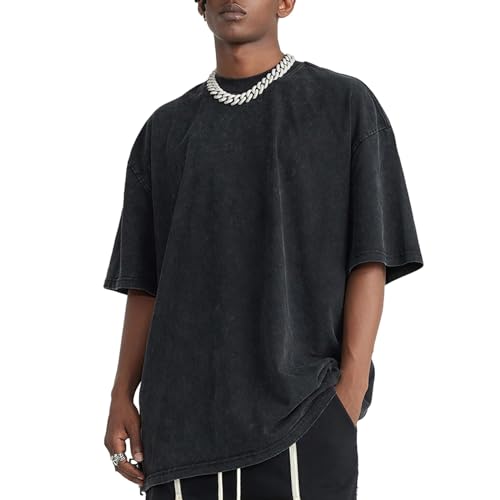 Qiqilyly Oversized Heavy Basic Tshirt Herren Retro Baumwolle Shirts MäNner Vintage Oversize Hip Hop Lockere T-Shirt Sommer Kurzarm Baggy Tops(Black-S) von Qiqilyly