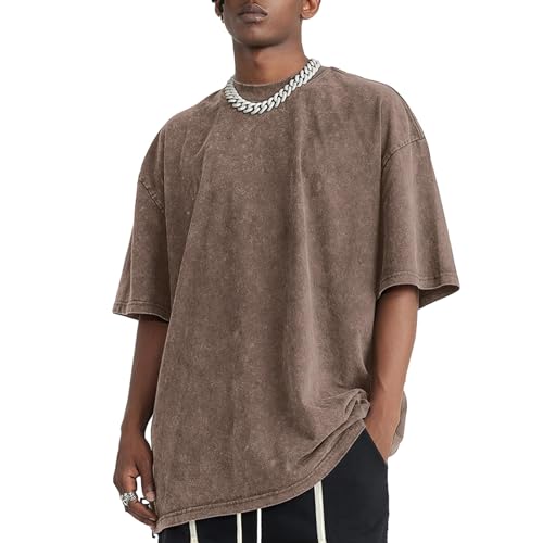 Qiqilyly Oversized Heavy Basic Tshirt Herren Retro Baumwolle Shirts MäNner Vintage Oversize Hip Hop Lockere T-Shirt Sommer Kurzarm Baggy Tops(Coffee,2XL) von Qiqilyly