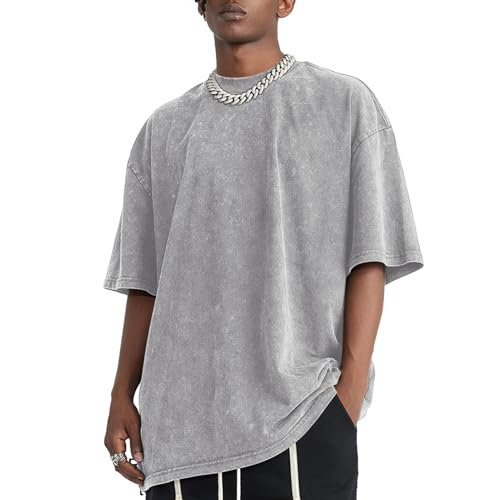 Qiqilyly Oversized Heavy Basic Tshirt Herren Retro Baumwolle Shirts MäNner Vintage Oversize Hip Hop Lockere T-Shirt Sommer Kurzarm Baggy Tops(Light Gray,XL) von Qiqilyly