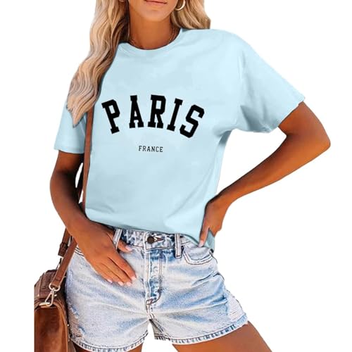 Qiqilyly Paris T-Shirts FüR Damen France Shirt Mit Print Frauen Baumwolle Rundhals Kurzarm Oberteile Casual Lockere Sommer Bluse Tops(Hellblau,S) von Qiqilyly