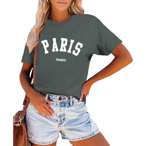 Qiqilyly Paris T-Shirts FüR Damen France Shirt Mit Print Frauen Baumwolle Rundhals Kurzarm Oberteile Casual Lockere Sommer Bluse Tops(Tief grau,M) von Qiqilyly
