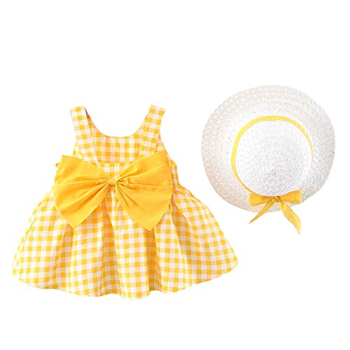 Qiraoxy Sommerkleid für Babys, Kleinkinder, Mädchen, gepunktet, Zitronen-Print, ärmelloses Kleid mit Schleife und Strohhut, Strandkleid für Fotos, Party von Qiraoxy