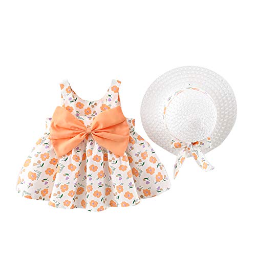 Qiraoxy Sommerkleid für Babys, Kleinkinder, Mädchen, gepunktet, Zitronen-Print, ärmelloses Kleid mit Schleife und Strohhut, Strandkleid für Fotos, Party, Urlaub von Qiraoxy